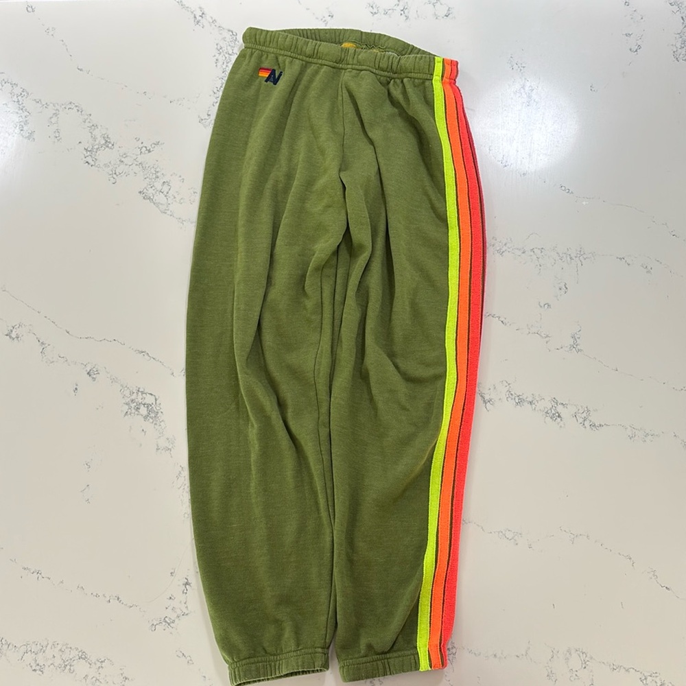 Aviator Nation 5 Stripe Sweatpants (Green//Neon-Blue) — size medium